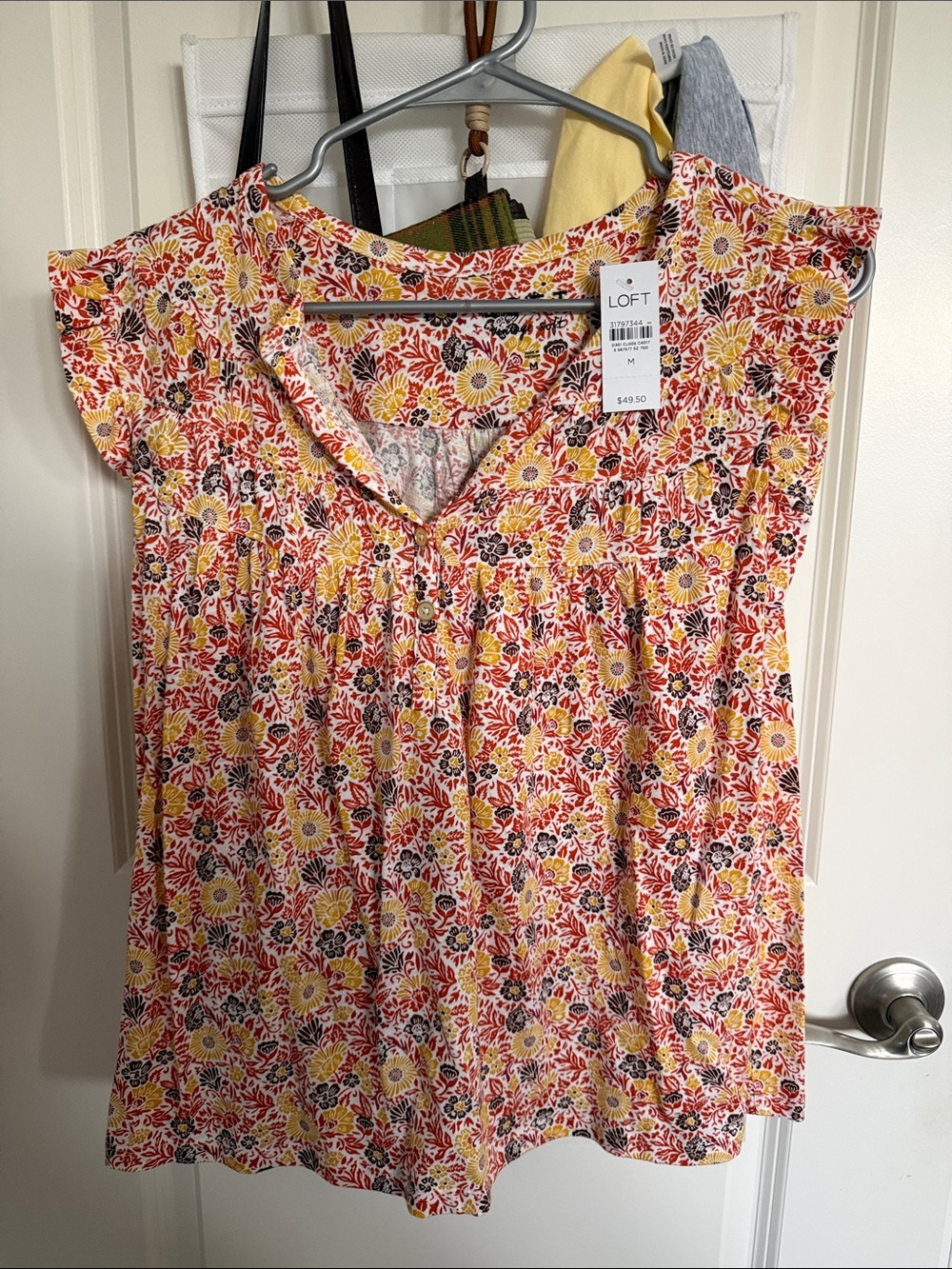 LOFT Yellow & Red Floral V-Neck Cap-Sleeve Top
